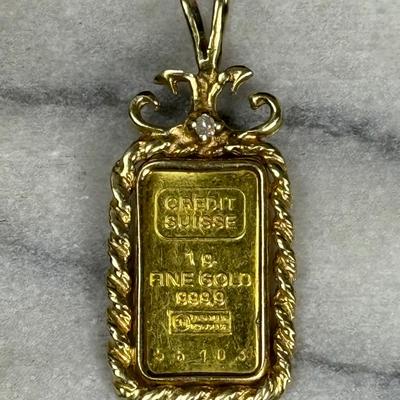 14K Gold Pendant with 1g Credit Suisse .9999 Fine Gold Bar, Diamond Accent – 1.25" Long