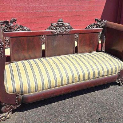 Antique Pegasas Adorned Mahogany Sofa with Paw Feet - 84x20x50”
