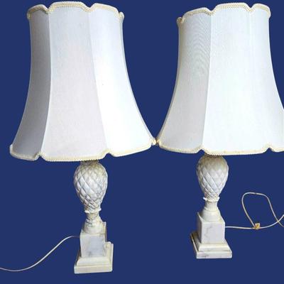 Carved Alabaster Table Lamp Pair -34" H