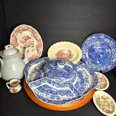 Vintage Ironstone & Transferware including WR Midwinter Serving Set on Lazy Susan -17.5" Dia