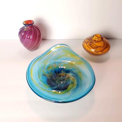 Robert Burch Signed Art Glass Vases & Dish 