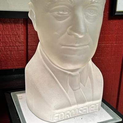 Vintage frosted glass FDR bust 12”h with lighted display pedestal 23”h