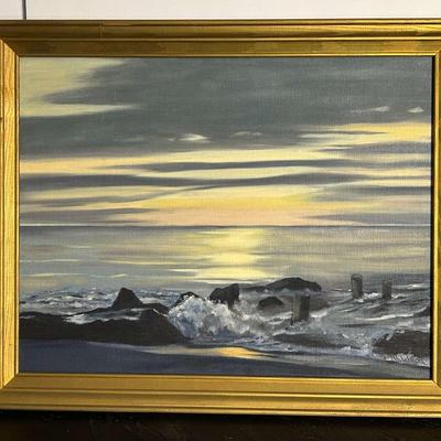 Night Seascape Painting, Signed JM Wood, Framed 16x20"