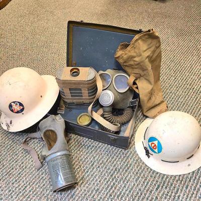 Vintage Civil Defense Helmets. & Gas Masks