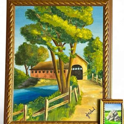 Covered Bridge & Pastoral Paintings, Signed JM Wood, Framed 4X5” & 20X16”