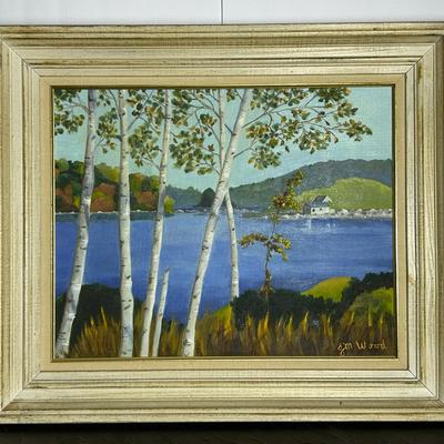 Signed landscape painting on canvas -JM Wood, framed 22x28”