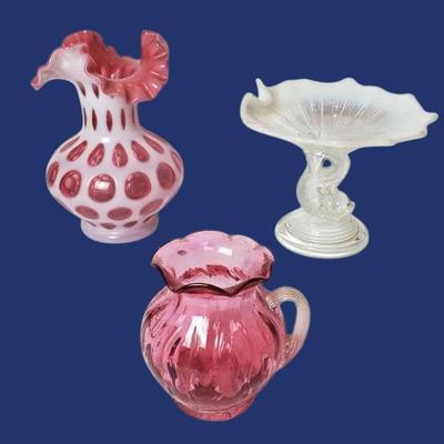 Northwood Opalescent Compote, Fenton Cranberry Coin Dot Vase, Pilgrim Cranberry Glass Creamer
