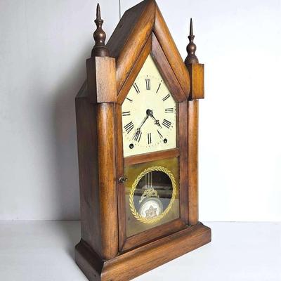Antique Steeple Mantle Clock with Pressed Glass Starburst Pendulum -11"x4.5"x20"