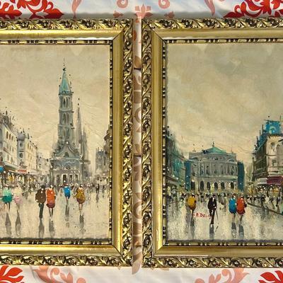 Mid Century Paris Street Scene Painting Pair- Signed A. Deliti -19.25X15.5”