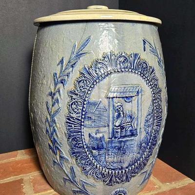 Robbinson Ransbottom Pottery Salt Glazed 10 Gallon Spigot  Crock with Lid - 16" Dia., 18" H
