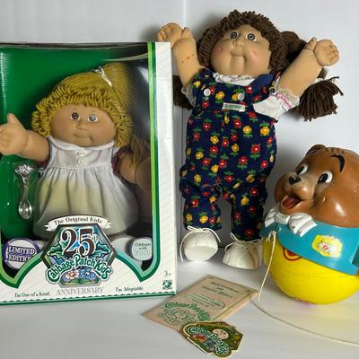 Vintage 1982 Cabbage Patch Kids doll, 25th anniversary doll NRFB, Fisher Price chubby cub pull toy