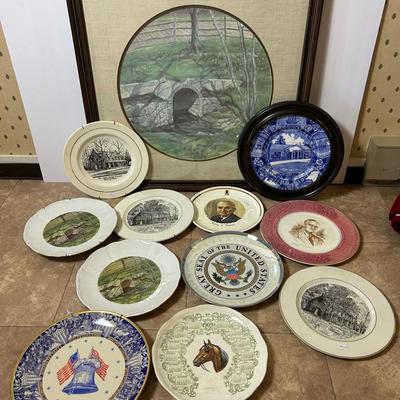 Sandy Spring print by Gib Crockett framed 26x26”, local and national commemorative plates 