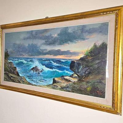 Signed Seascape Oil Painting in Gilded Wood Frame - 37"x49"