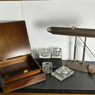 Vintage MCM Radionic Trans Co Bankers Desk Lamp, Wood Lap Desk, Crystal & Glass Inkwell Bases.