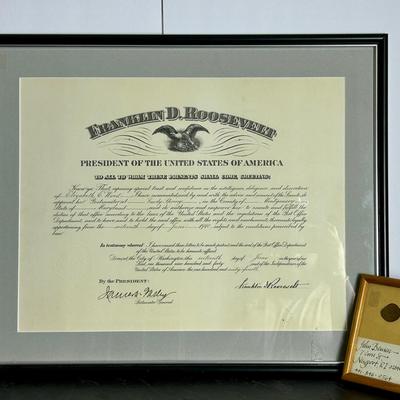 FDR Sandy Spring Postmaster Appointment certificate plus penny squashed by FDR’s funeral train