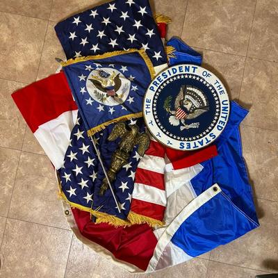 US Flags & More: 50x36” flag with fringe, 3x5’ Perma-Nyl flag, Presidential Seal, 13” metal eagle
