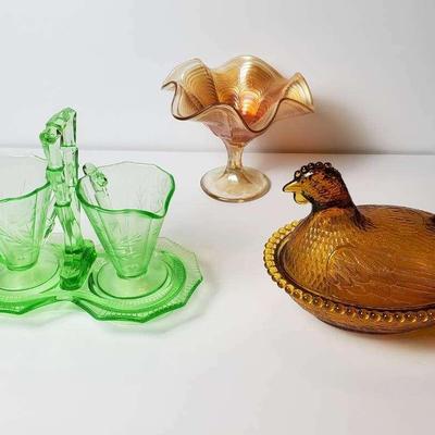 Uranium Cambridge Glass Cream & Sugar, Indiana Glass Hen on Nest, Iridescent Glass Compote