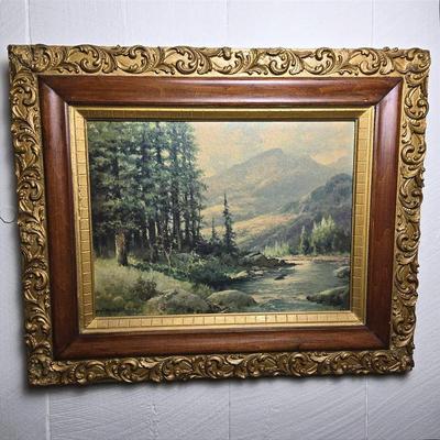 Robert Wood "Mountain Stream" Textured Print in Vintage Gilded Wood & Gesso Frame -19"x23"