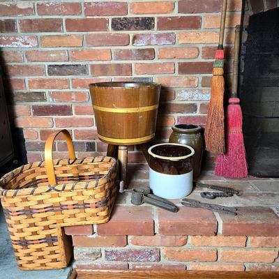 Stoneware Crocks, Hand Crafted Brooms and Stairstep Basket, More