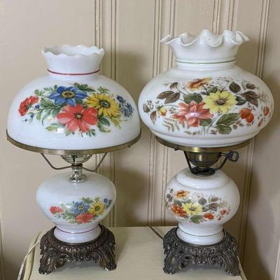 Painted Milk Glass Hurricane Style Lamps (2) - 17" & 18"