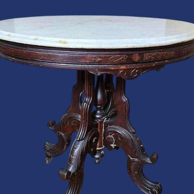 Antique Victorian Marble Top Carved Walnut Parlor Table - 33"x24"x31.5"