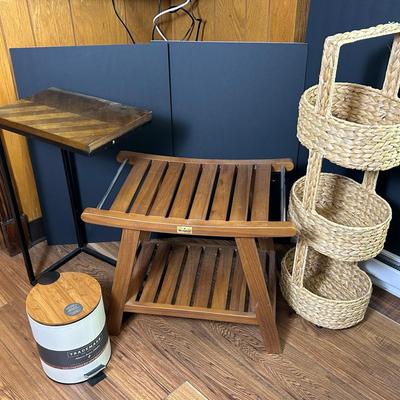 Household Essentials: Chair Side Table, Broyhill Bench, New Waste Bin, Woven Storage Tower