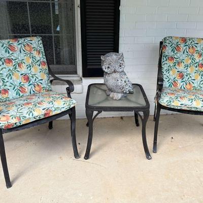 Vintage Cast Iron Patio Chairs and Side Table with Cast Plaster Owl