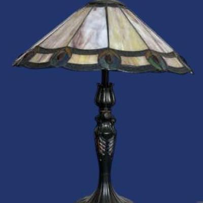 Stained Glass Table Lamp with Peacock Feather Motif - 16”Dia X 21”H