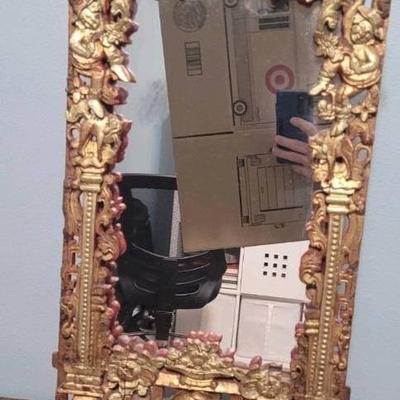 Canton, Qing Dynasty Carved Giltwood Chinese Export Mirror Frame w Watch-stand