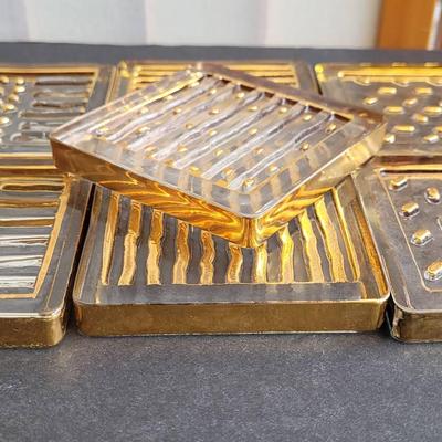 MCM Stephen Meyers Clear & Gold Glass Coasters Signed "Smeyers"