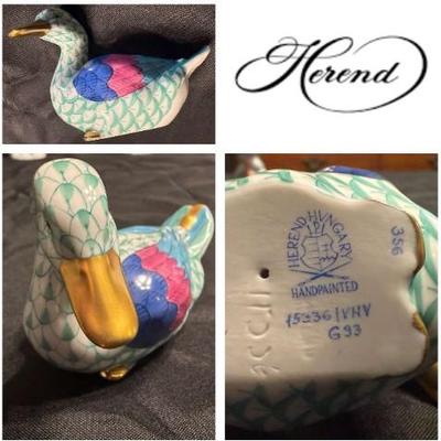 Herend Collectable Hand Painted Green Fishnet Porcelain Duck Figurine No. 15035