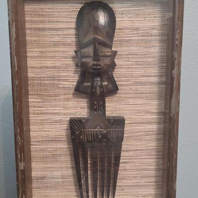 Carved Wooden African Congolese Figural Comb From Zaire Framed in Shadow Box