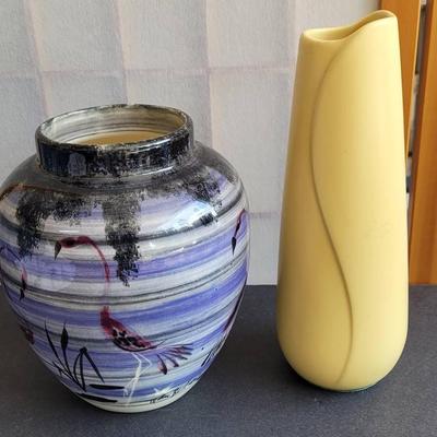 Japanese Hand Painted Flamingo Crane Vase Signed KIYO & Tall Yellow TOYO Vase