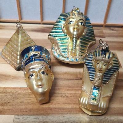 Vintage Kurt Adler Polonaise Egyptian Holiday Glass Ornaments, Nefertiti, Pharoah, Sphinx, Pyramid