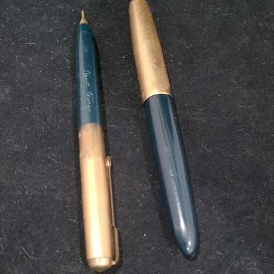 Parker 51 Demi Vacumatic Fountain Pen & Pencil Set, Blue, Gold Filled Lined Cap, Fine 14K Gold Nib 
