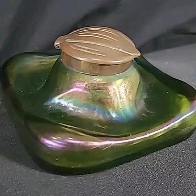 Antique Art Nouveau Iridescent Glass Inkwell Signed D.R.G.M Made In Germany - Loetz Kralik 