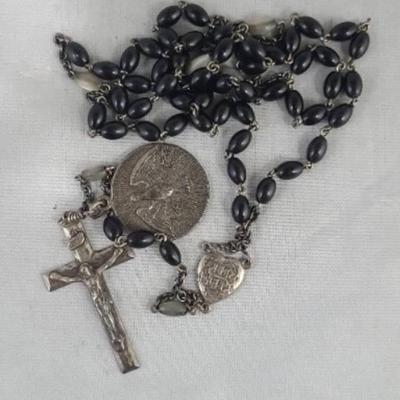 21" Inch Sterling HMH Crucifix Pearl Black Rosary Bead Come Holy Ghost Medal