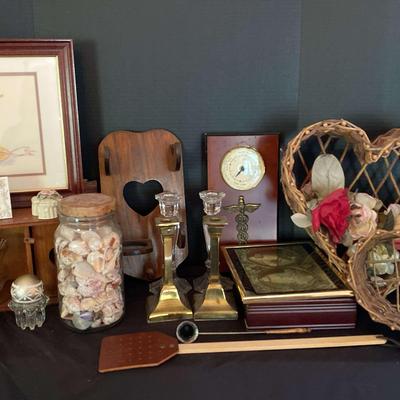 Assorted Home Decor Collection with Framed Print, Wicker Hearts & Brass Candleholders