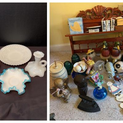 Decorative Collection with Wooden Shelf, Duck Figurines, Glass Insulators & Iron