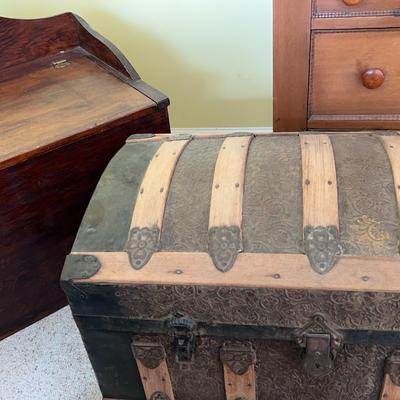 Antique Dome-Top Steamer Trunk & Wooden Storage Chest