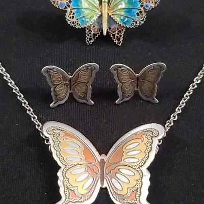 Reed & Barton Butterfly Necklace And Sterling Earrings Set With Sterling Pin