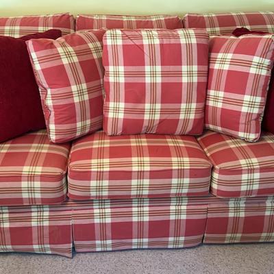 Red Plaid Upholstered Sofa with Matching Accent Pillows