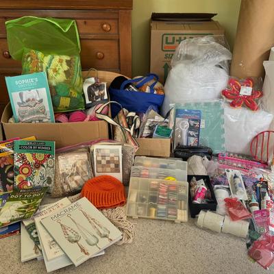 Large Crafting & Yarn Collection with Books, Supplies & Tools