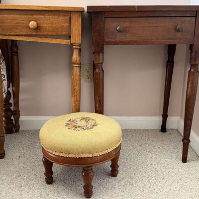 Vintage Wooden Side Tables & Needlepoint Footstool