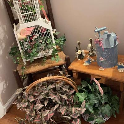 Decorative Birdcage with Faux Florals, Wooden Bench & Ladderback Chair