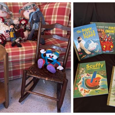 Collection of Dolls with Wooden Heart Shelf & Child’s Rocker