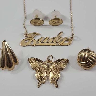 14K Necklace, Earrings And Pendant 