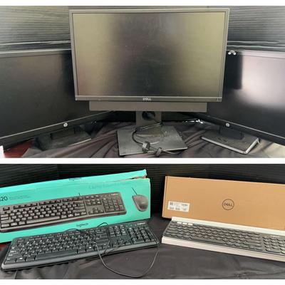 Dell & HP 20" Monitors with Logitech Keyboards/Mouse, Dell Keyboard, & Cable Bundle