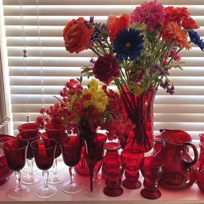 Ruby Red Glassware Collection with Pitcher, Goblets, Vases & Punch Bowl