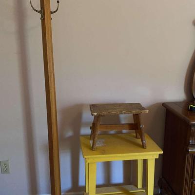 Wooden Coat Rack, Yellow Side Table & Small Rustic Stool